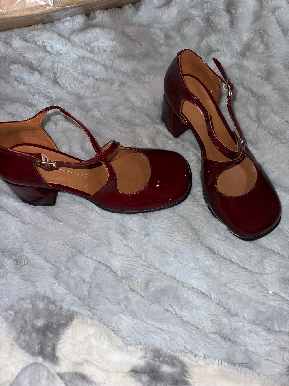 INTENTIONALLY BLANK Burgundy Patent Mary Jane Block Heels with Ankle Strap